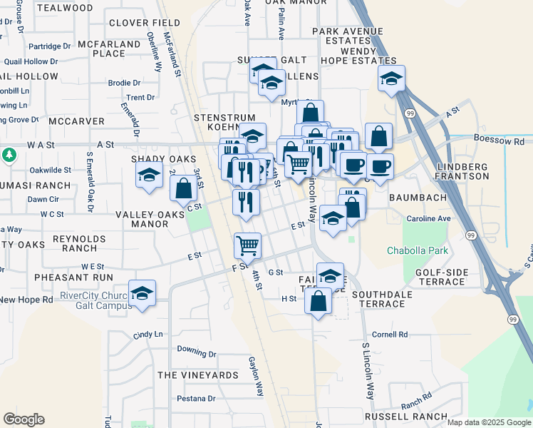 map of restaurants, bars, coffee shops, grocery stores, and more near 405 5th Street in Galt