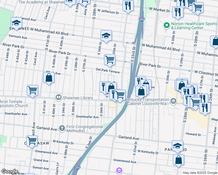 map of restaurants, bars, coffee shops, grocery stores, and more near 652 South 35th Street in Louisville