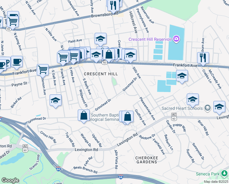 map of restaurants, bars, coffee shops, grocery stores, and more near 2825 Grinstead Drive in Louisville