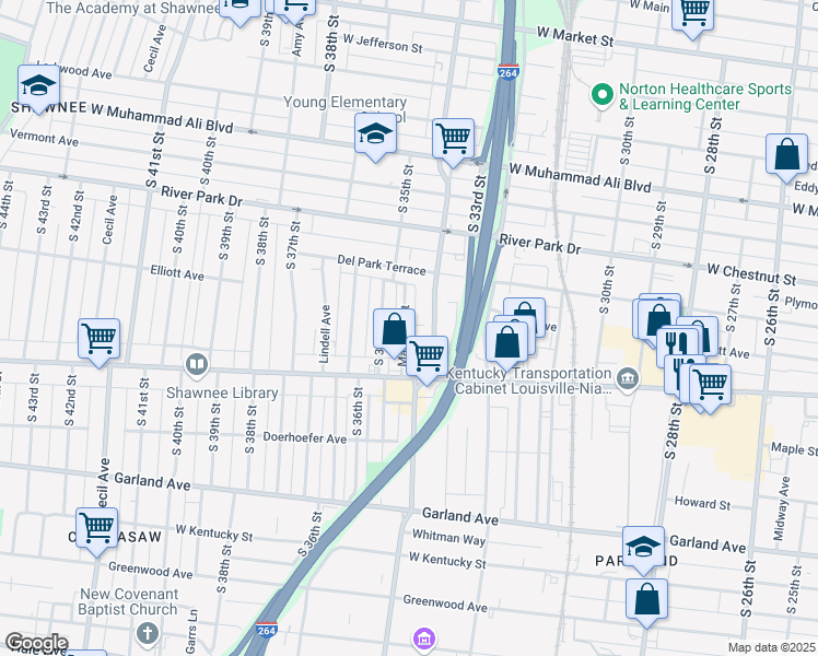 map of restaurants, bars, coffee shops, grocery stores, and more near 667 Madelon Court in Louisville