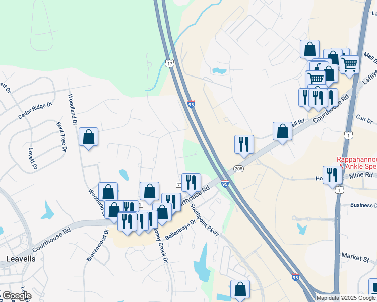 map of restaurants, bars, coffee shops, grocery stores, and more near 5105 Phyllis Lane in Fredericksburg