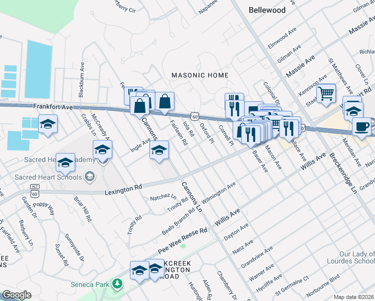 map of restaurants, bars, coffee shops, grocery stores, and more near 300 Fairlawn Road in Saint Matthews