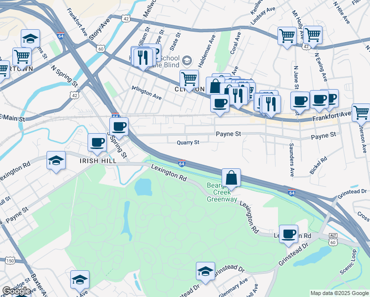 map of restaurants, bars, coffee shops, grocery stores, and more near 1845 Quarry Street in Louisville