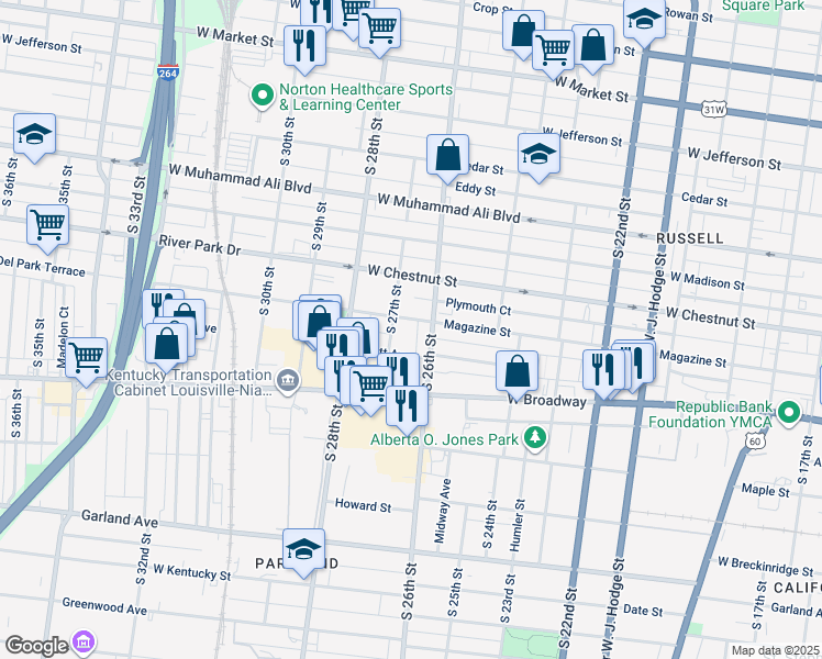 map of restaurants, bars, coffee shops, grocery stores, and more near 2614 Magazine Street in Louisville