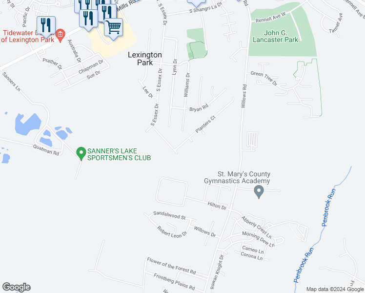 map of restaurants, bars, coffee shops, grocery stores, and more near 46741 Planters Court in Lexington Park