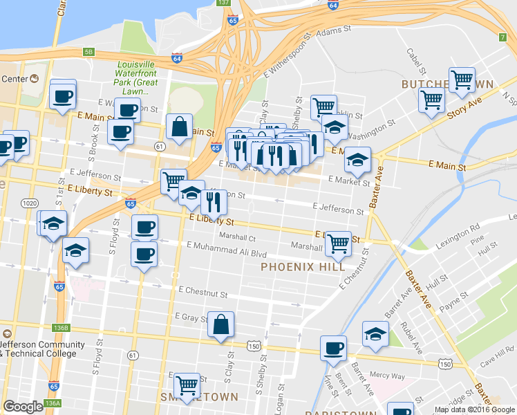 map of restaurants, bars, coffee shops, grocery stores, and more near 303 Ballard Court in Louisville
