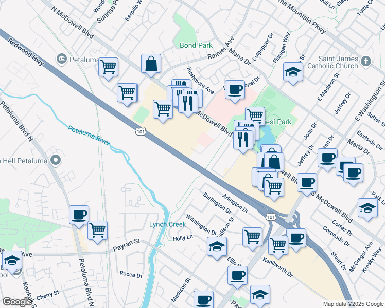 map of restaurants, bars, coffee shops, grocery stores, and more near 191 Lynch Creek Way in Petaluma