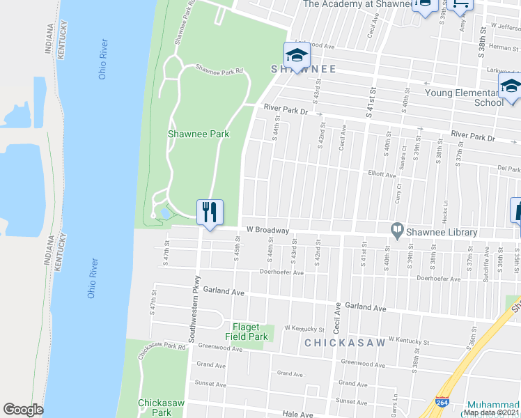 map of restaurants, bars, coffee shops, grocery stores, and more near 686 South 44th Street in Louisville