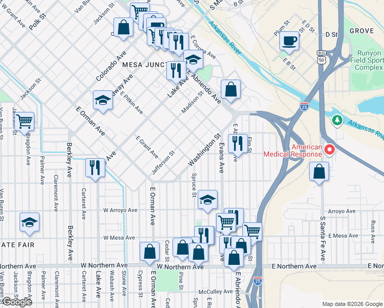 map of restaurants, bars, coffee shops, grocery stores, and more near 329 Washington St in Pueblo