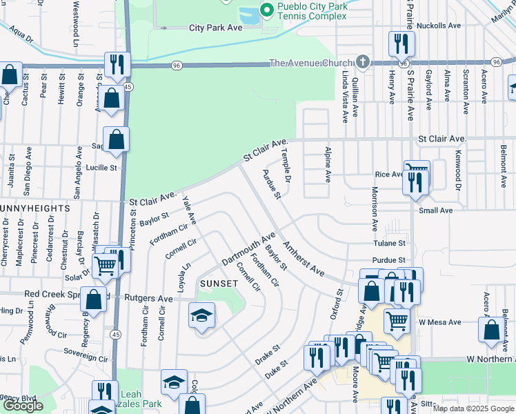 map of restaurants, bars, coffee shops, grocery stores, and more near 86 Amherst Avenue in Pueblo