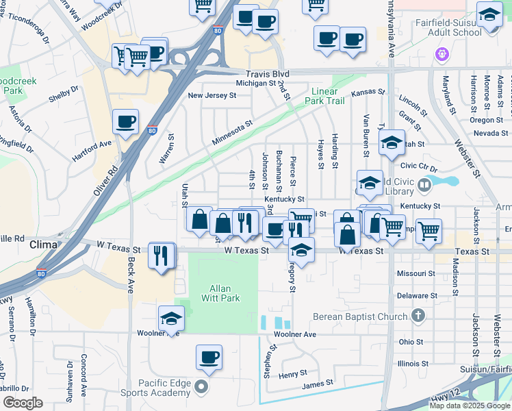 map of restaurants, bars, coffee shops, grocery stores, and more near 848 4th Street in Fairfield