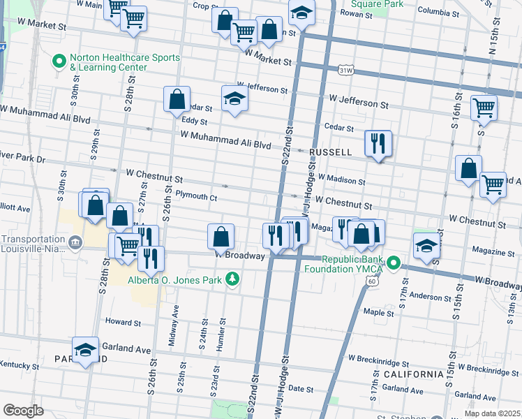 map of restaurants, bars, coffee shops, grocery stores, and more near 2223 Magazine Street in Louisville