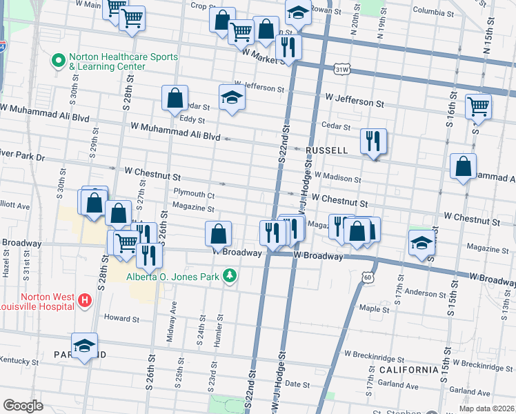 map of restaurants, bars, coffee shops, grocery stores, and more near 2223 Magazine Street in Louisville