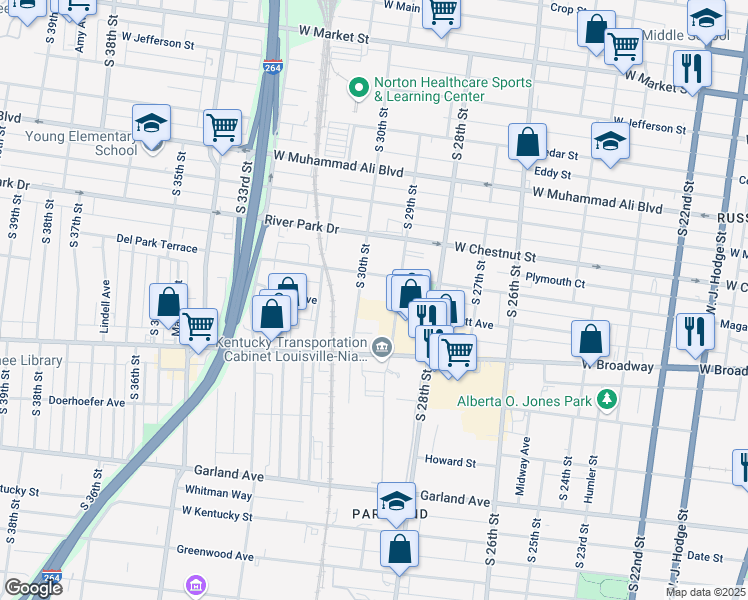 map of restaurants, bars, coffee shops, grocery stores, and more near 651 South 30th Street in Louisville