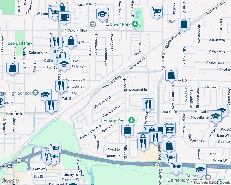 map of restaurants, bars, coffee shops, grocery stores, and more near 86 Mosswood Drive in Suisun City