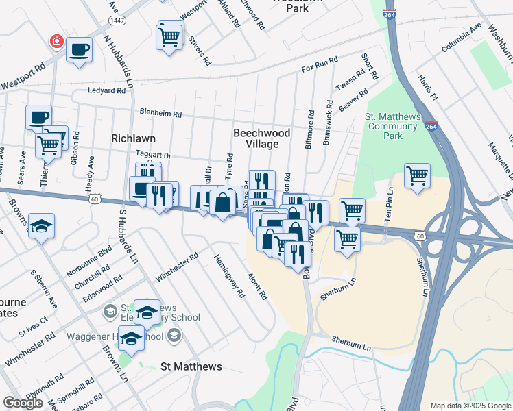 map of restaurants, bars, coffee shops, grocery stores, and more near 101 Sage Road in Louisville