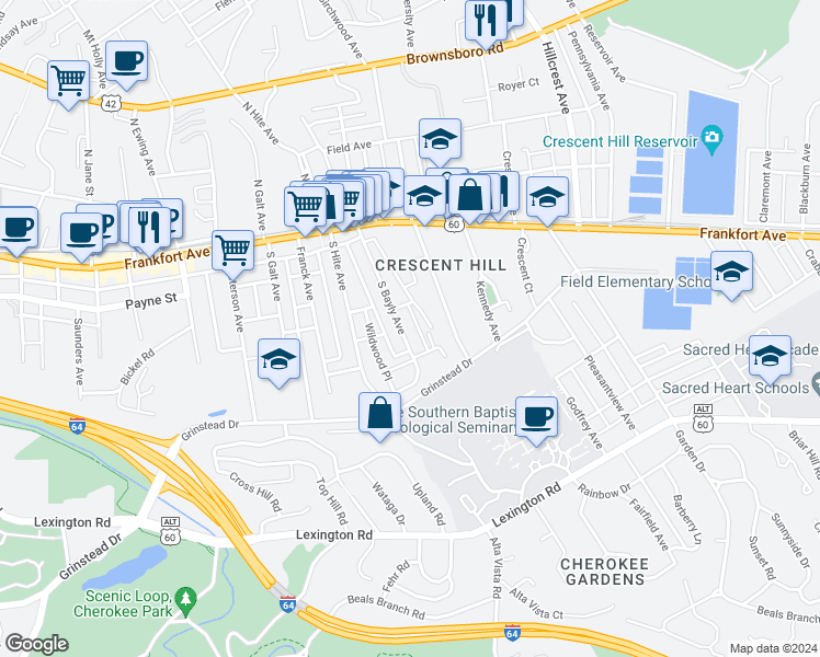 map of restaurants, bars, coffee shops, grocery stores, and more near 300 Cliffwood Hill Way in Louisville
