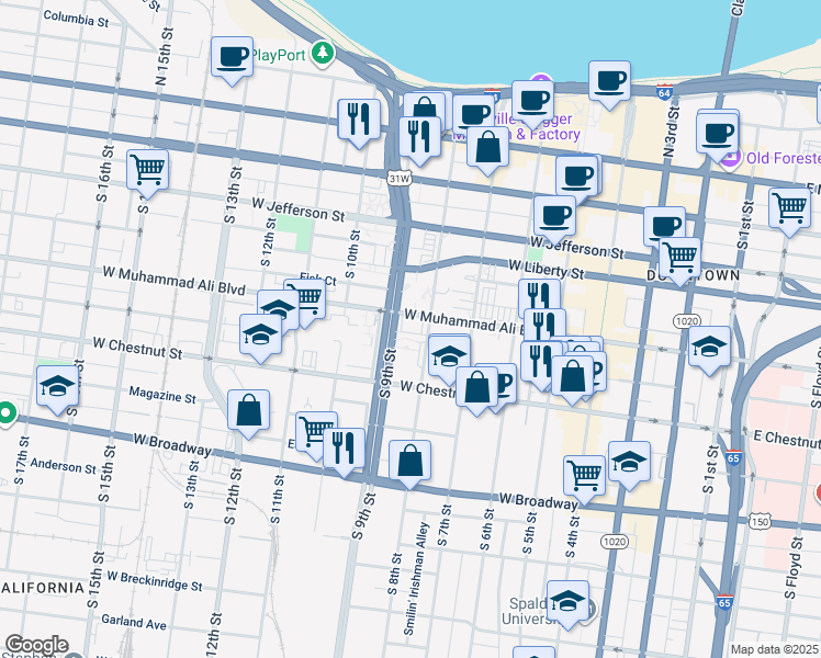 map of restaurants, bars, coffee shops, grocery stores, and more near 850 West Muhammad Ali Boulevard in Louisville