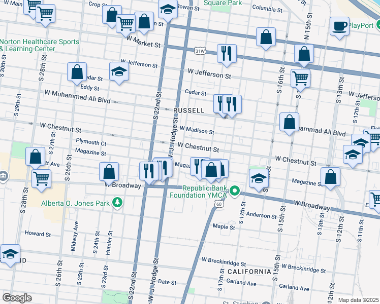 map of restaurants, bars, coffee shops, grocery stores, and more near 1935 Plymouth Court in Louisville