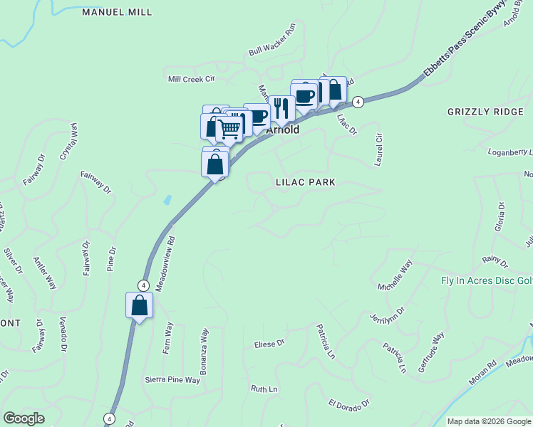 map of restaurants, bars, coffee shops, grocery stores, and more near 1455 Lilac Drive in Arnold