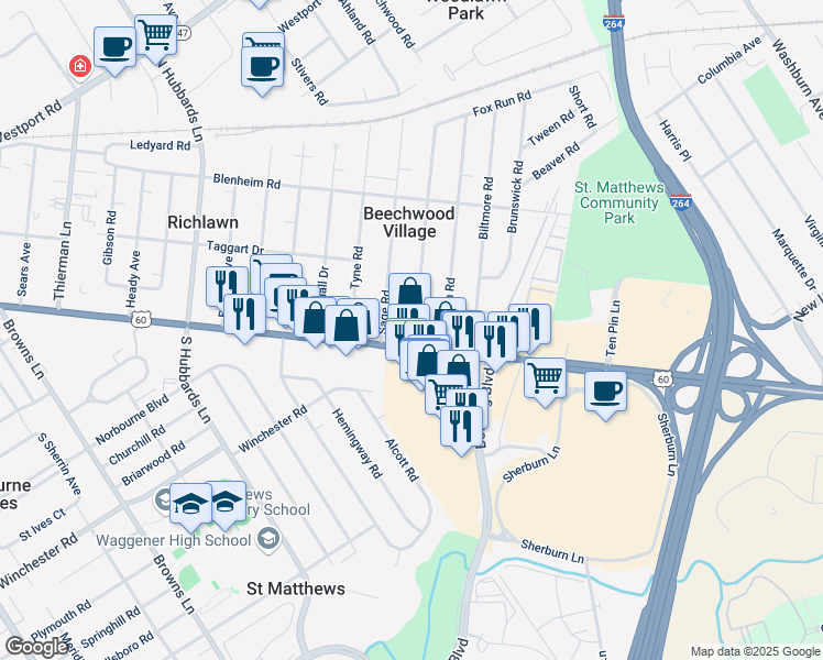 map of restaurants, bars, coffee shops, grocery stores, and more near 101 Sage Road in Louisville