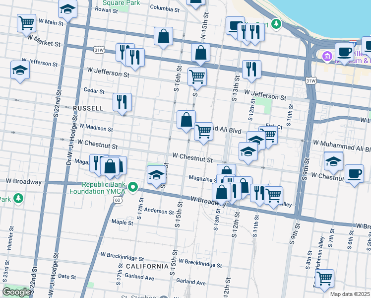 map of restaurants, bars, coffee shops, grocery stores, and more near 562 South 15th Street in Louisville
