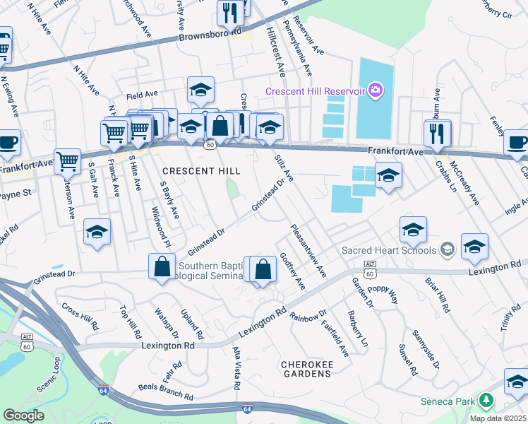 map of restaurants, bars, coffee shops, grocery stores, and more near 2905 Springdale Road in Louisville