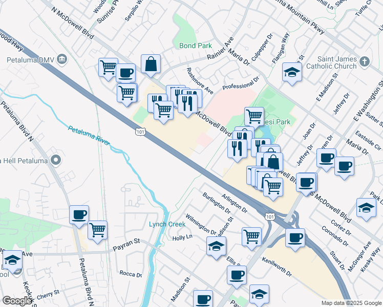 map of restaurants, bars, coffee shops, grocery stores, and more near 191 Lynch Creek Way in Petaluma