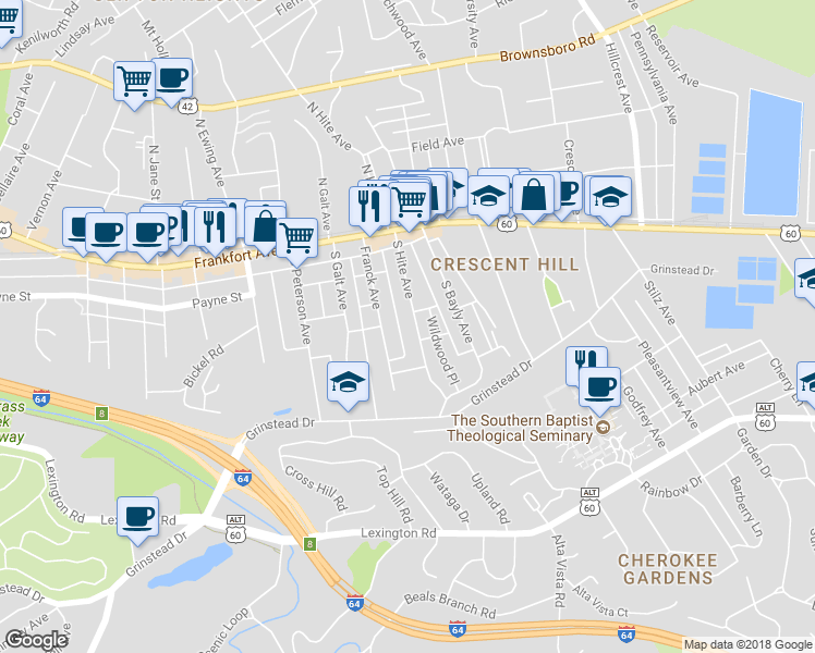 map of restaurants, bars, coffee shops, grocery stores, and more near 246 South Hite Avenue in Louisville