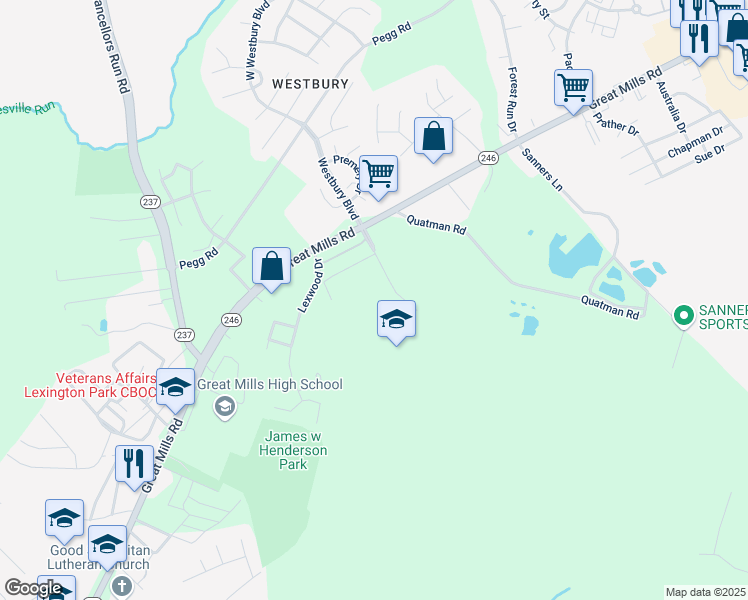 map of restaurants, bars, coffee shops, grocery stores, and more near 21270 Mayfaire Lane in Lexington Park