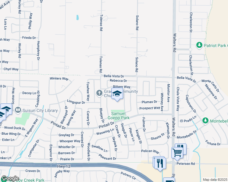 map of restaurants, bars, coffee shops, grocery stores, and more near 1304 Kimberly Court in Suisun City