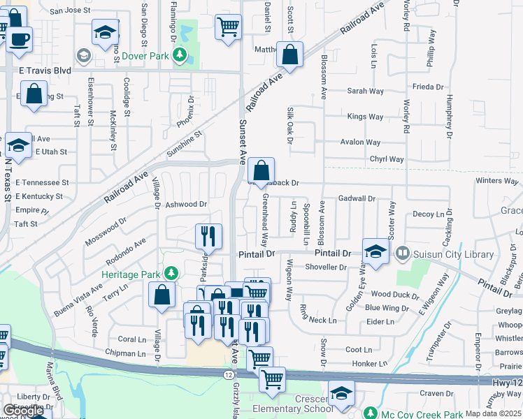 map of restaurants, bars, coffee shops, grocery stores, and more near 824 Greenhead Way in Suisun City