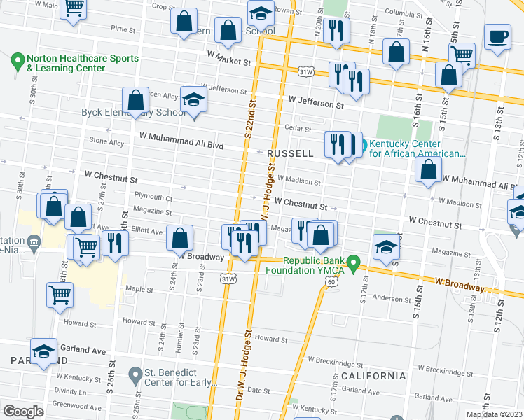 map of restaurants, bars, coffee shops, grocery stores, and more near 614 Doctor West J Hodge Street in Louisville