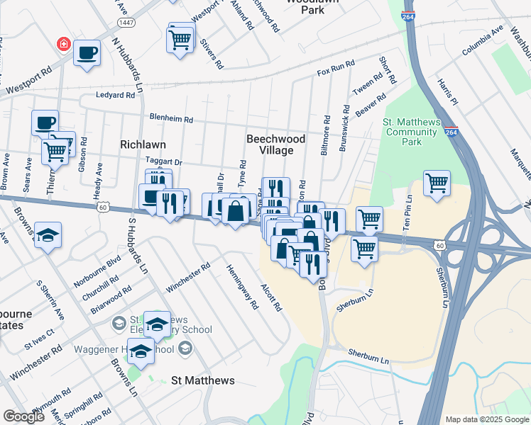 map of restaurants, bars, coffee shops, grocery stores, and more near 101 Sage Road in Louisville