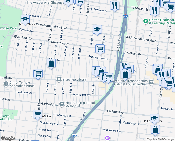 map of restaurants, bars, coffee shops, grocery stores, and more near 657 Lindell Avenue in Louisville