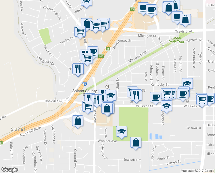 map of restaurants, bars, coffee shops, grocery stores, and more near 740 Beck Avenue in Fairfield
