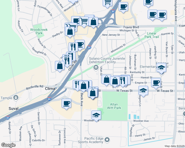 map of restaurants, bars, coffee shops, grocery stores, and more near 740 Beck Avenue in Fairfield