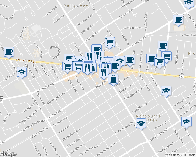map of restaurants, bars, coffee shops, grocery stores, and more near 112 Wiltshire Avenue in Louisville