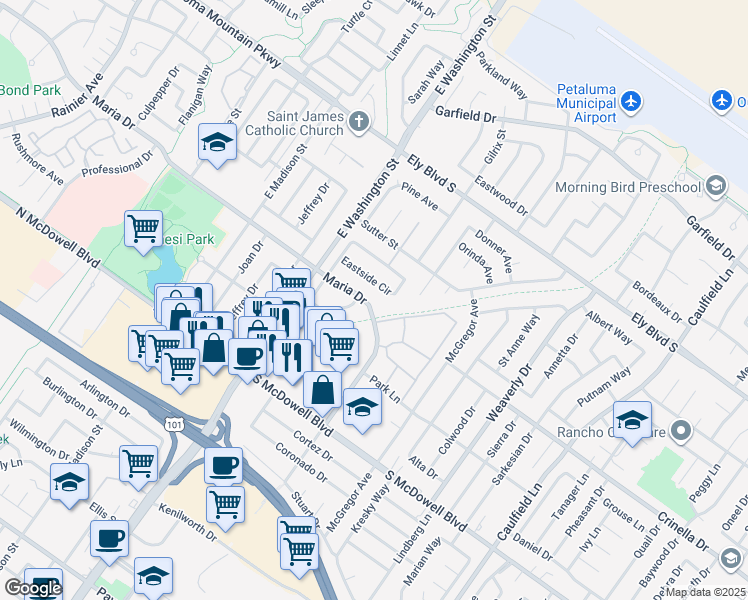 map of restaurants, bars, coffee shops, grocery stores, and more near 56 Maria Drive in Petaluma