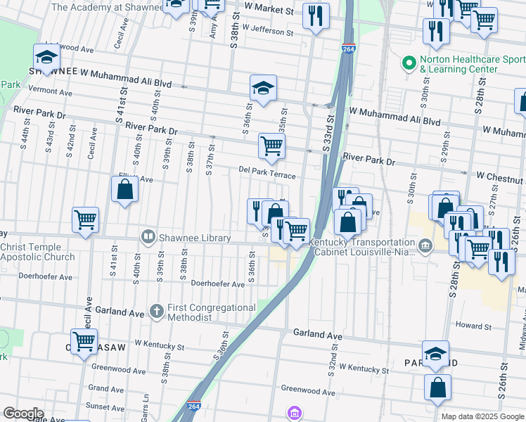 map of restaurants, bars, coffee shops, grocery stores, and more near 652 South 35th Street in Louisville