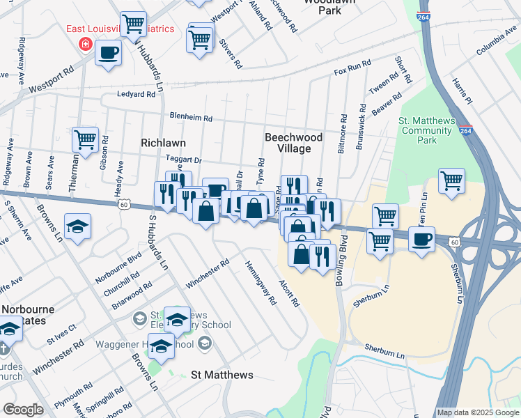 map of restaurants, bars, coffee shops, grocery stores, and more near 4429 Shelbyville Road in Louisville