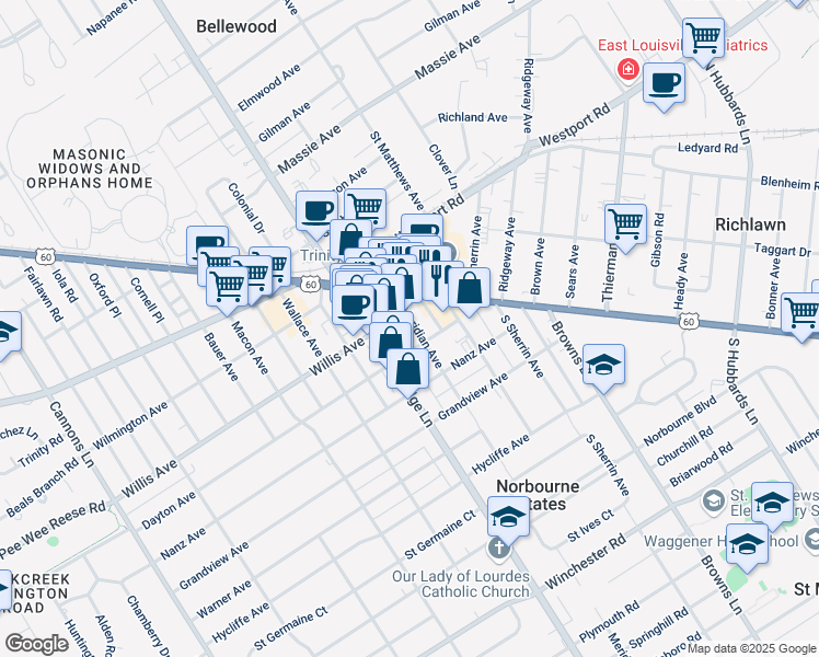 map of restaurants, bars, coffee shops, grocery stores, and more near 124 Meridian Avenue in Louisville