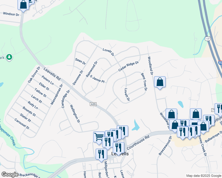 map of restaurants, bars, coffee shops, grocery stores, and more near 10708 Bent Tree Drive in Fredericksburg