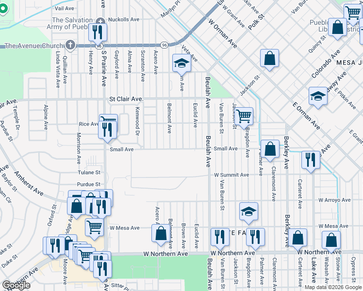 map of restaurants, bars, coffee shops, grocery stores, and more near 843 Brown Avenue in Pueblo