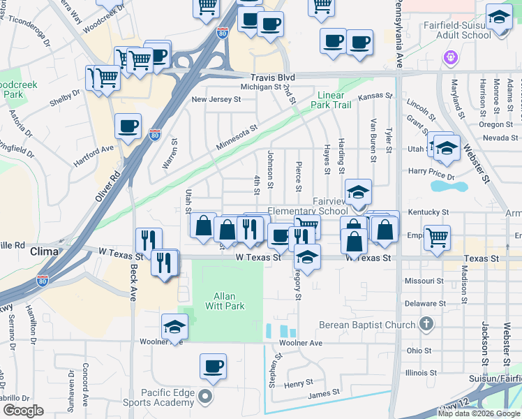 map of restaurants, bars, coffee shops, grocery stores, and more near 1609 Kentucky Street in Fairfield
