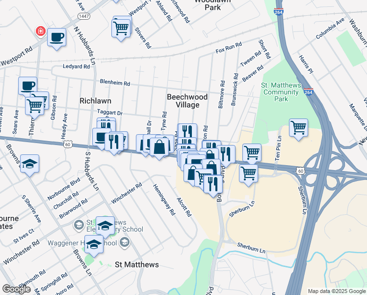 map of restaurants, bars, coffee shops, grocery stores, and more near 101 Sage Road in Louisville