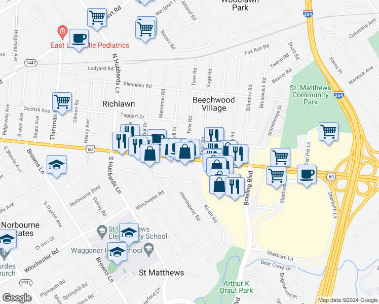 map of restaurants, bars, coffee shops, grocery stores, and more near 4429 Shelbyville Road in Louisville