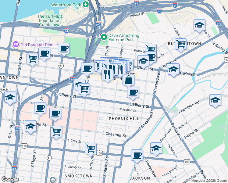 map of restaurants, bars, coffee shops, grocery stores, and more near 300 South Shelby Street in Louisville
