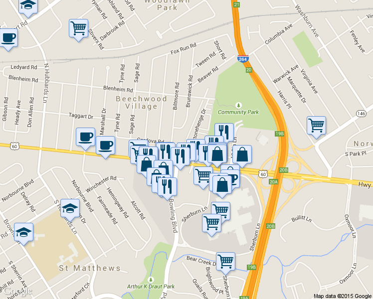 map of restaurants, bars, coffee shops, grocery stores, and more near 4603 Shelbyville Rd in Louisville