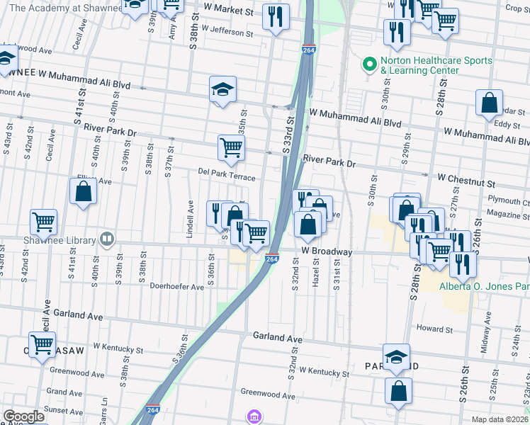 map of restaurants, bars, coffee shops, grocery stores, and more near 653 S 34th St in Louisville